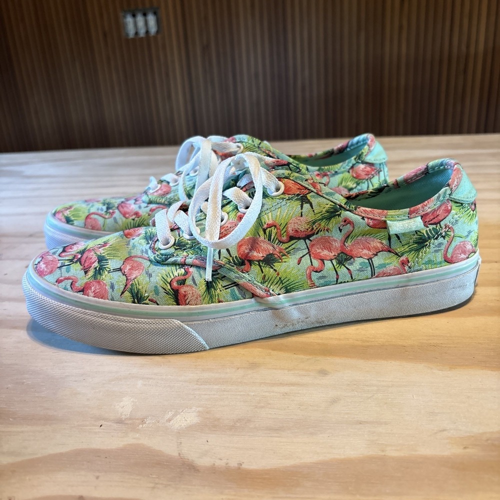 VANS Low Top Skate Shoes Flamingo Print Teal Blue Pink Women's Sz 10